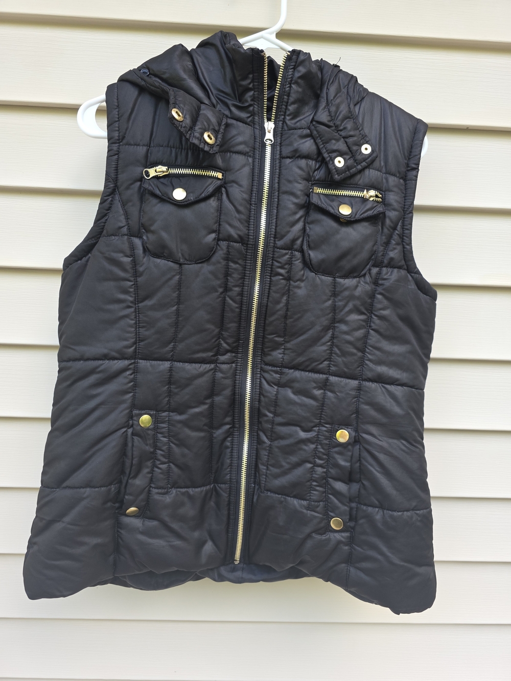 Womens' Black Quilted Hooded Puffer Vest with Gold Hardware